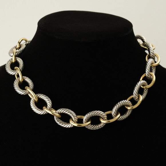 David Yurman Two-Tone Large Oval Pillow-Chain Necklace, Sterling Silver/18K Gold - Picture 1 of 12